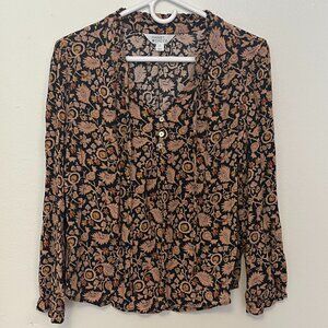 Market & Spruce Blouse Long Sleeve Blue with Orange Pattern Size L